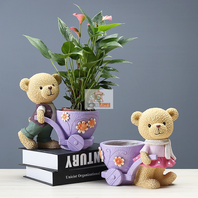 Cartoon resin teddy bear countryside creative green plant flowerpot