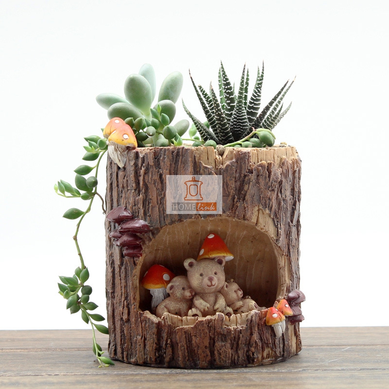 Rural Creative Tree Hole Little Bear Meaty Flower Pot